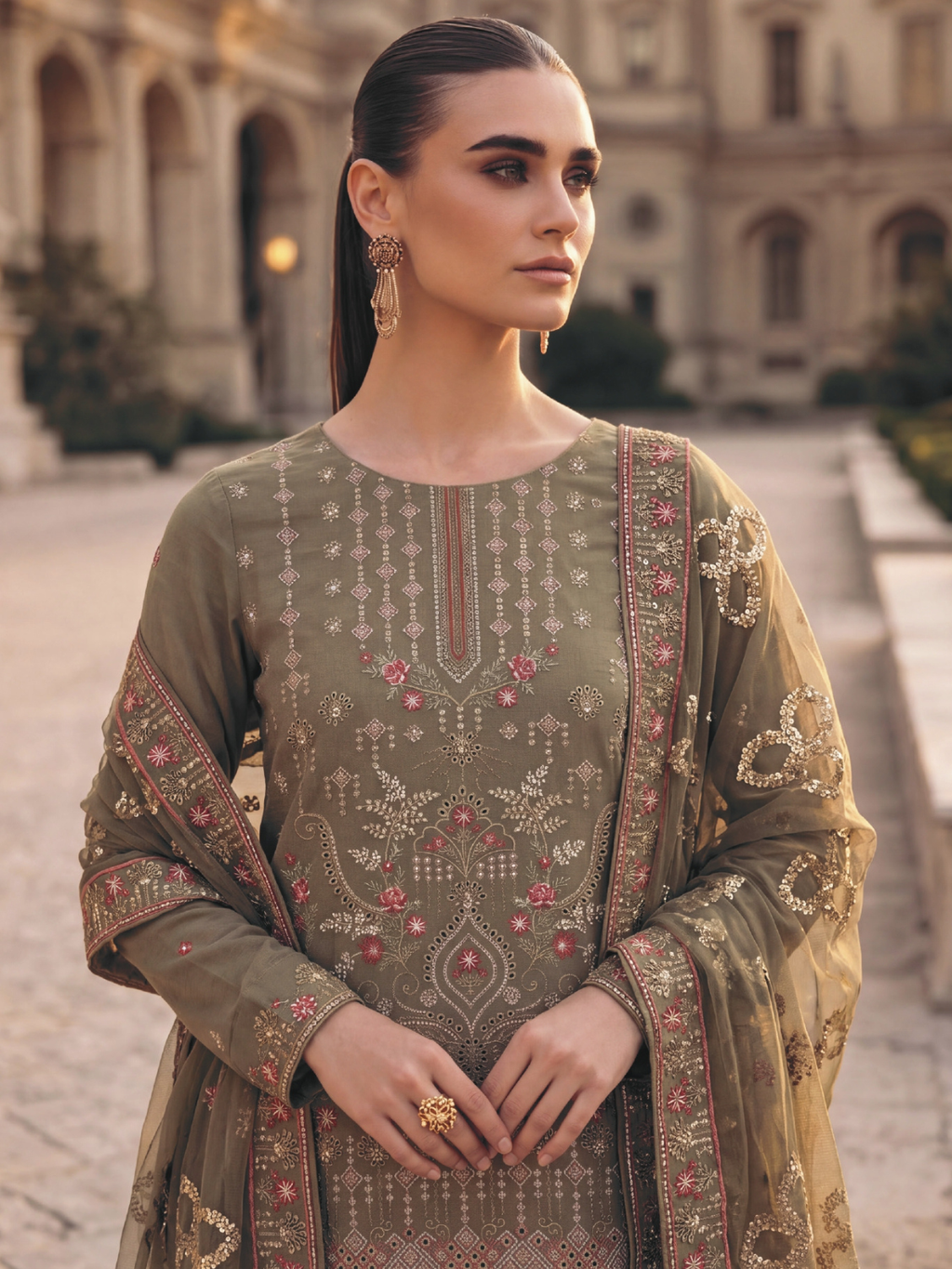 WIJDAN DHAMAK Premium Bana Dora Embroidered Suit – Olive Green