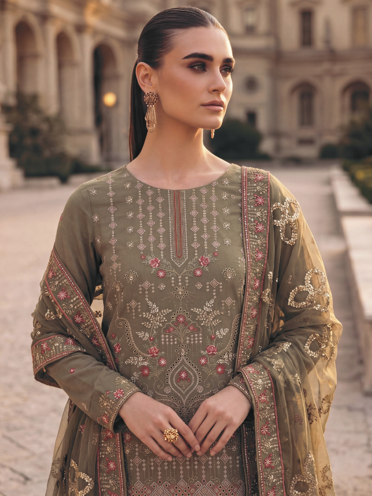 WIJDAN DHAMAK Premium Bana Dora Embroidered Suit – Olive Green