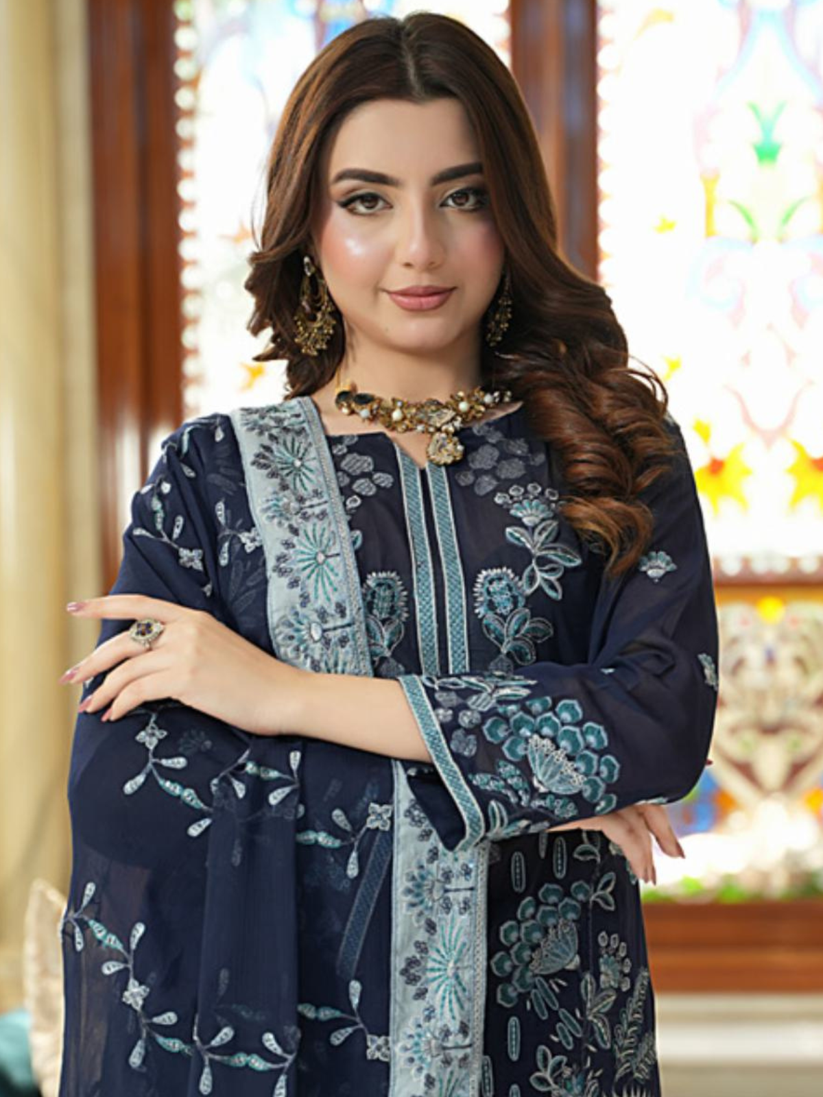 WIJDAN Exclusive Swiss Gold Embroidered Lawn Suit – Navy Blue