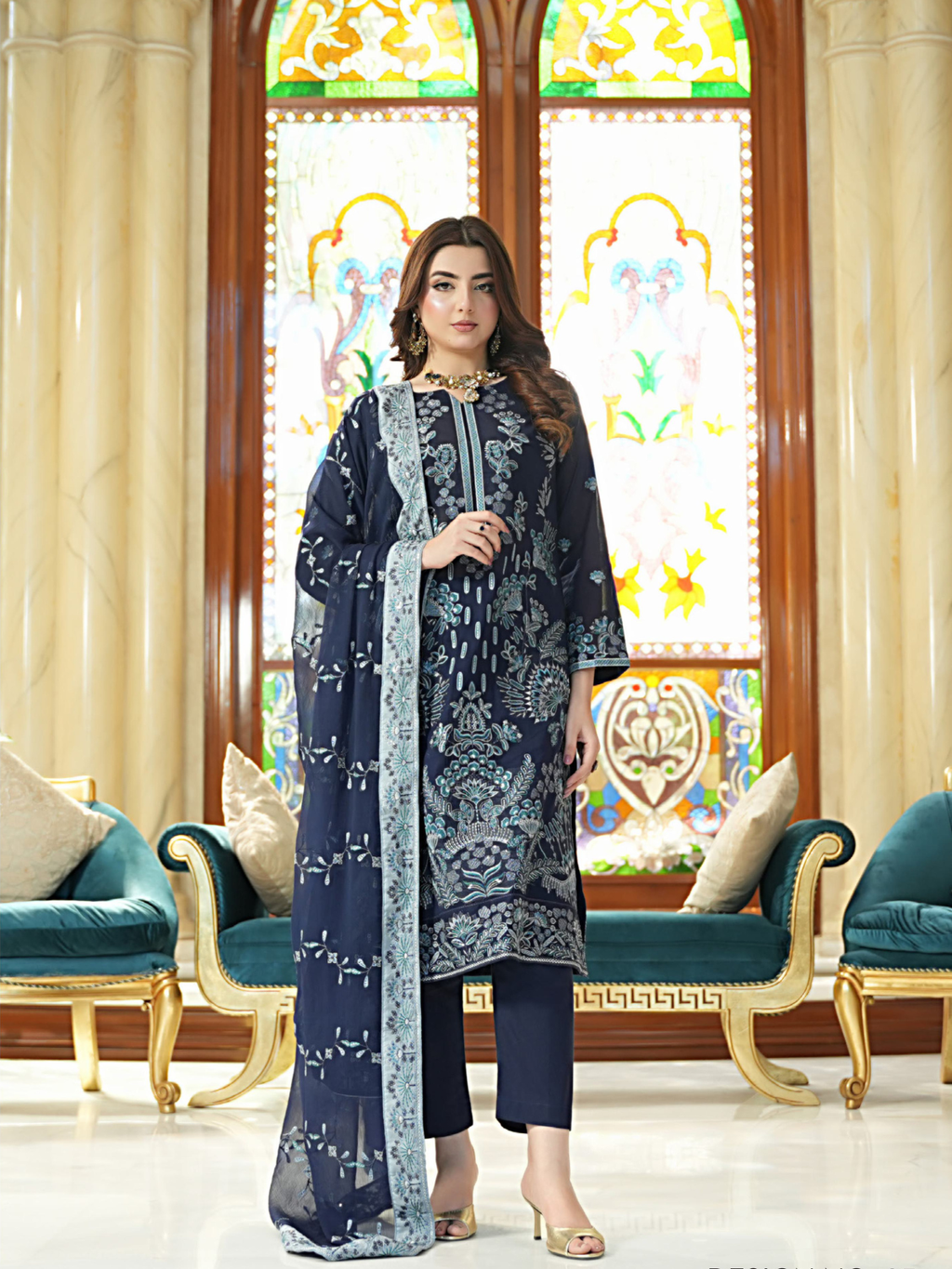 WIJDAN Exclusive Swiss Gold Embroidered Lawn Suit – Navy Blue