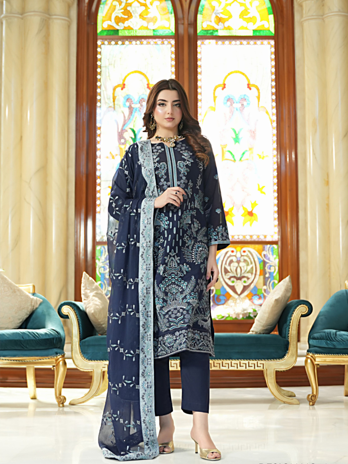 WIJDAN Exclusive Swiss Gold Embroidered Lawn Suit – Navy Blue