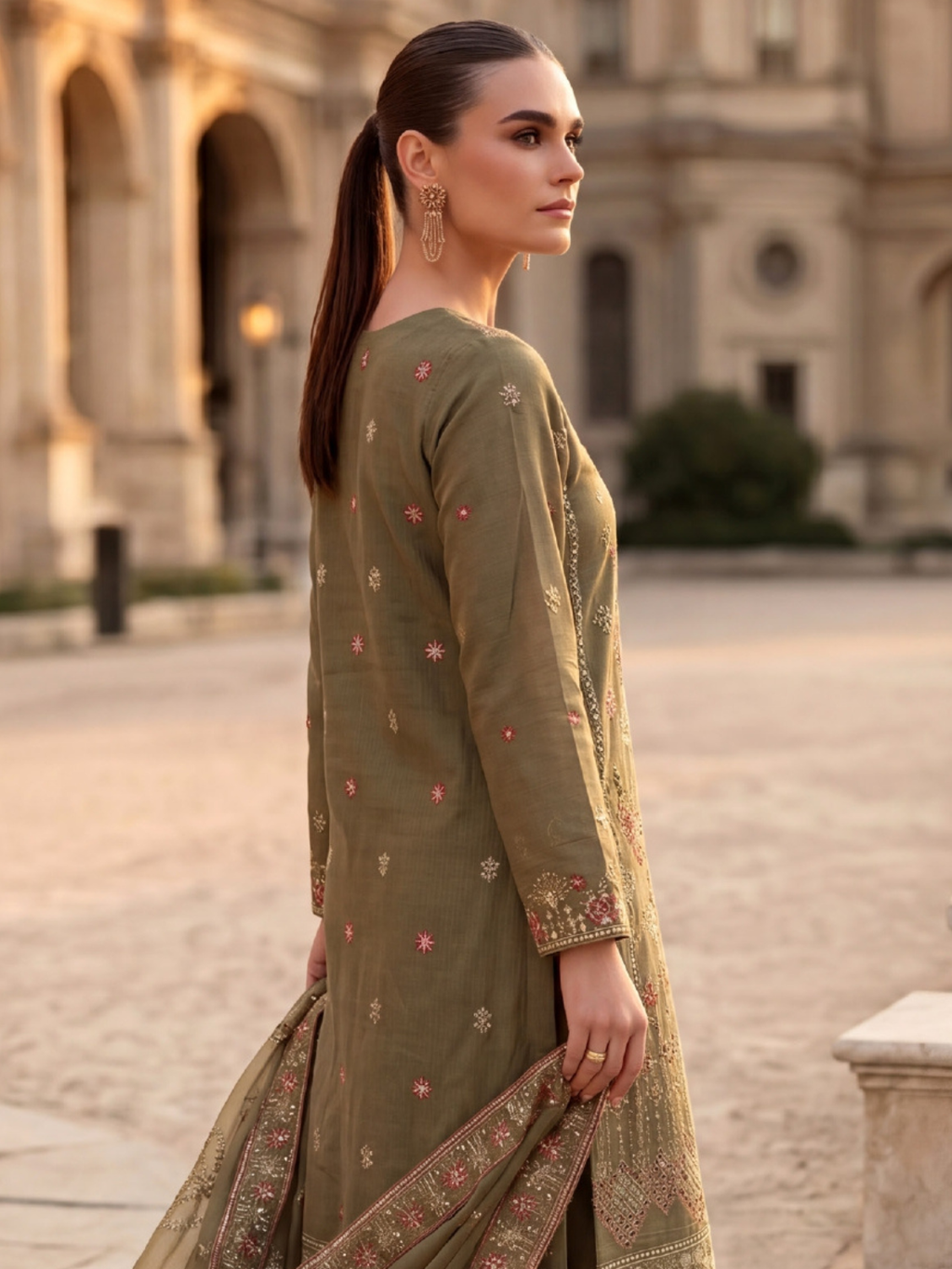 WIJDAN DHAMAK Premium Bana Dora Embroidered Suit – Olive Green