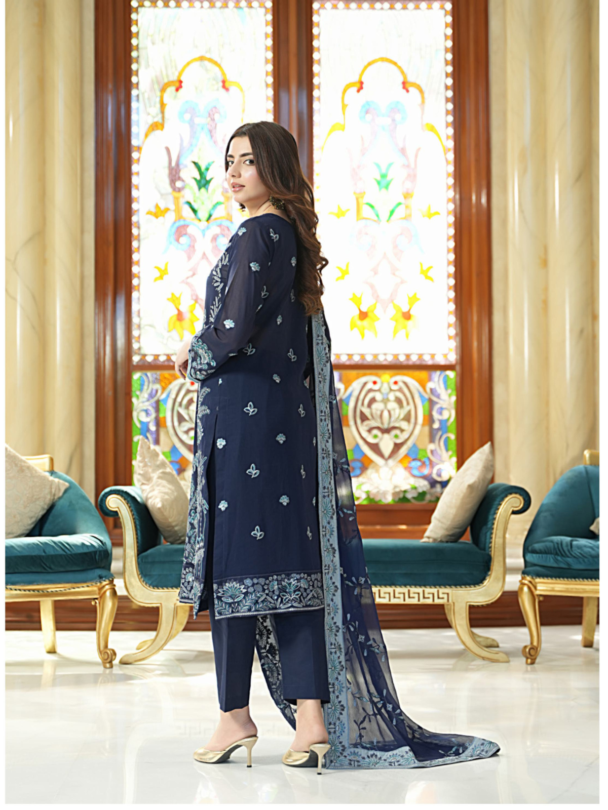 WIJDAN Exclusive Swiss Gold Embroidered Lawn Suit – Navy Blue