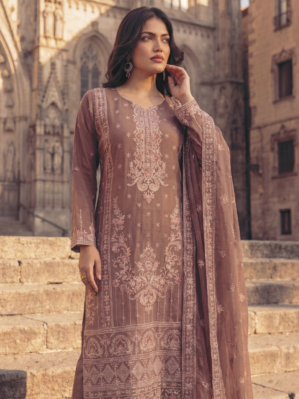WIJDAN DHAMAK Premium Bana Dora Embroidered Suit – Mauve Pink