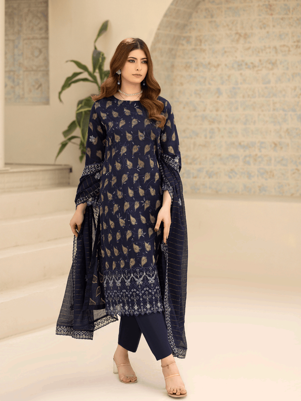 Wijdan Zarqash Gold Midnight Navy Embroidered Lawn Suit | Luxury Navy Blue Dress