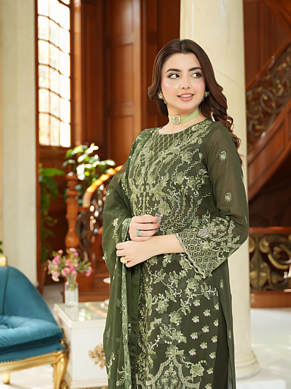 WIJDAN Exclusive Swiss Gold Embroidered Lawn Suit - Olive Green