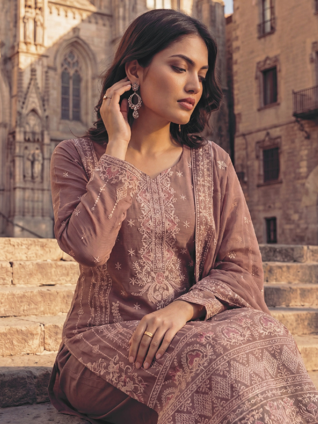 WIJDAN DHAMAK Premium Bana Dora Embroidered Suit – Mauve Pink