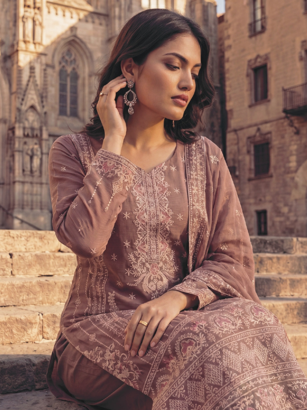 WIJDAN DHAMAK Premium Bana Dora Embroidered Suit – Mauve Pink
