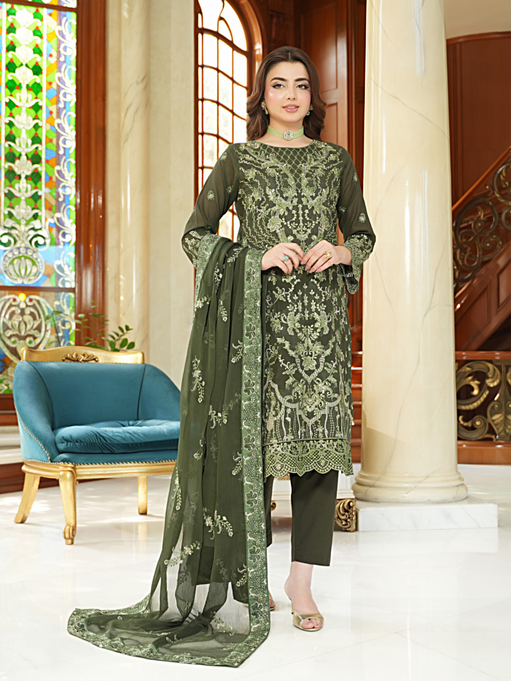 WIJDAN Exclusive Swiss Gold Embroidered Lawn Suit - Olive Green