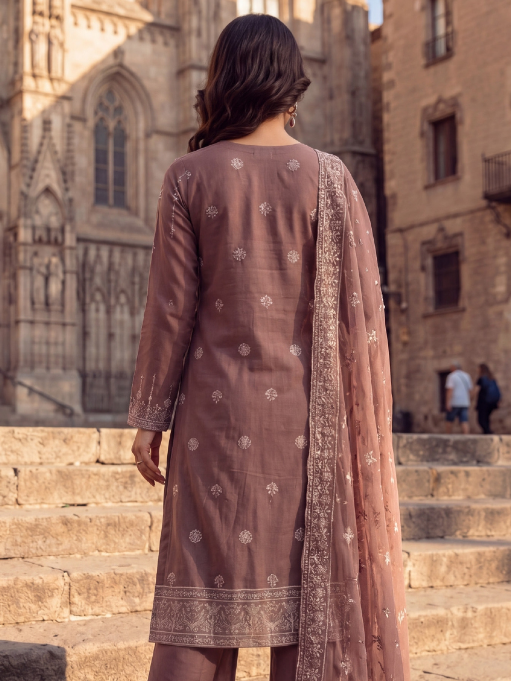 WIJDAN DHAMAK Premium Bana Dora Embroidered Suit – Mauve Pink