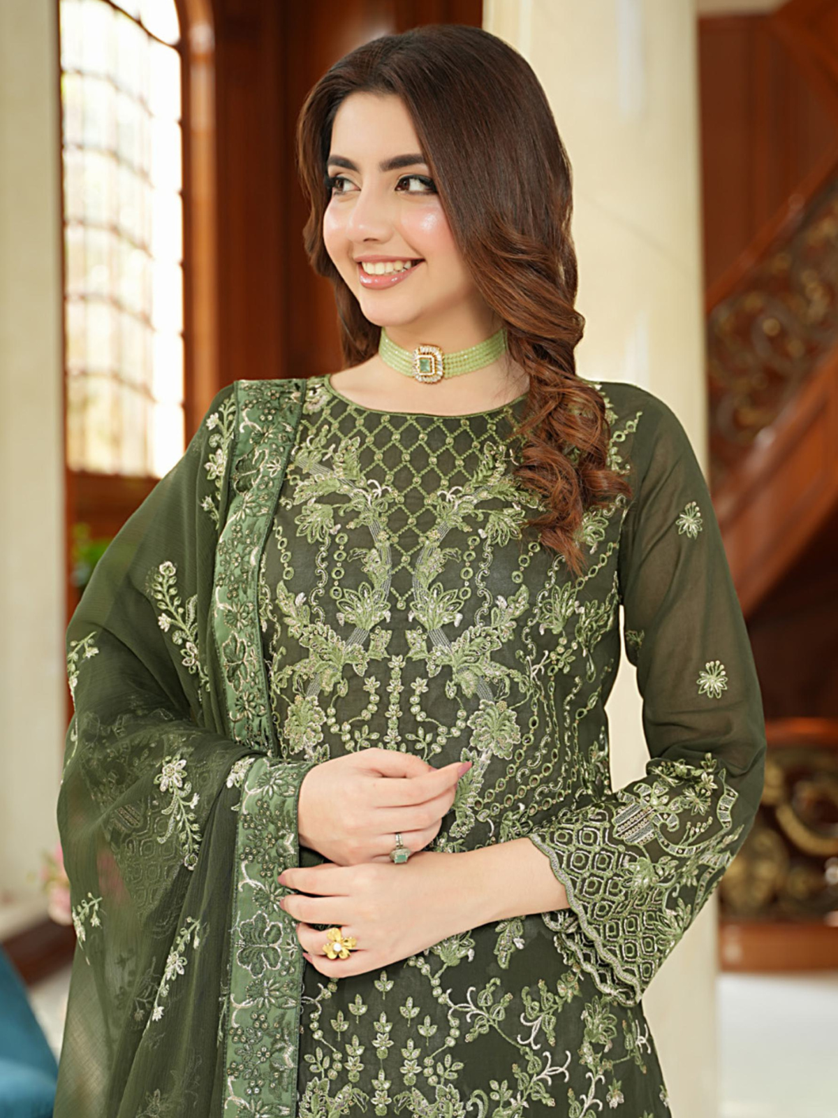 WIJDAN Exclusive Swiss Gold Embroidered Lawn Suit - Olive Green