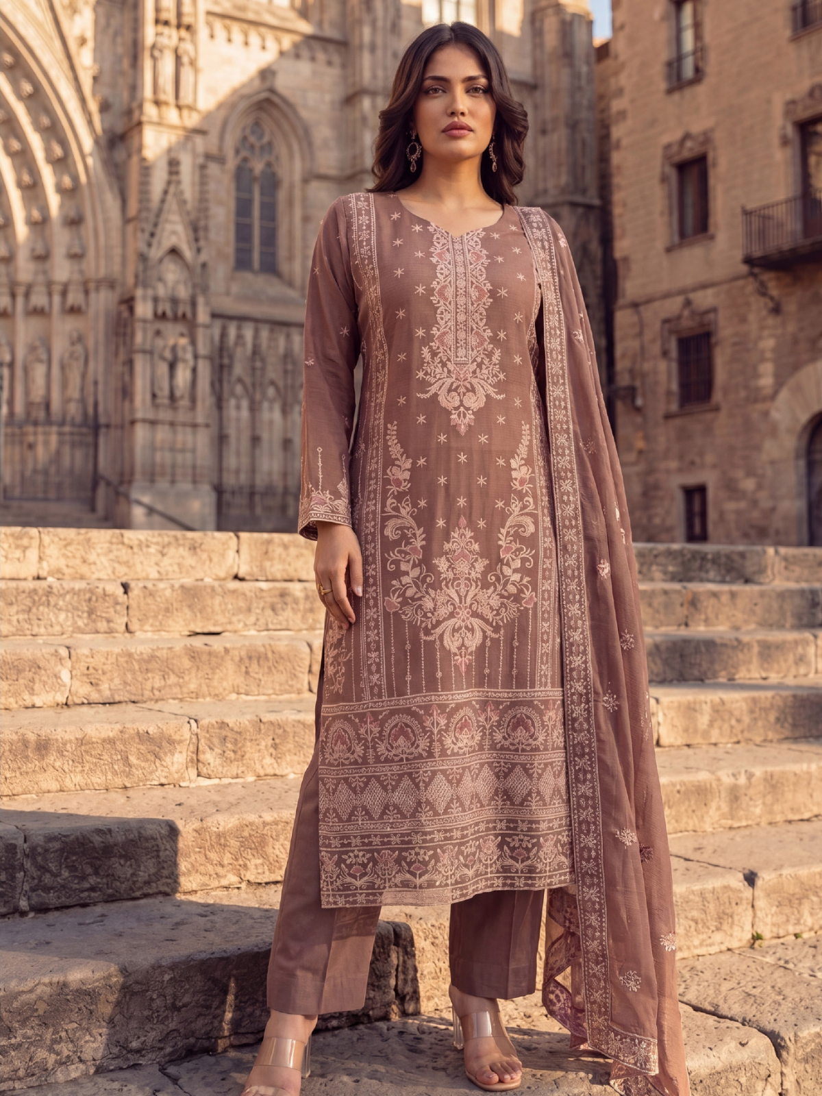WIJDAN DHAMAK Premium Bana Dora Embroidered Suit – Mauve Pink