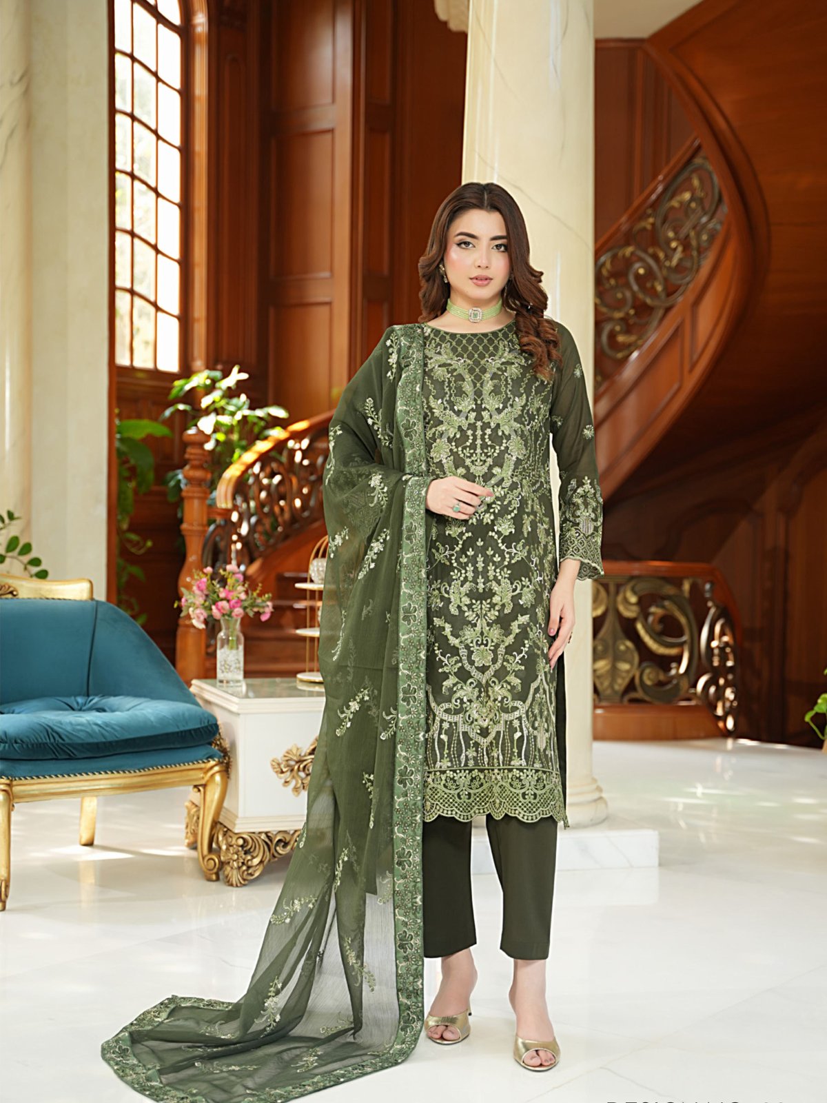 WIJDAN Exclusive Swiss Gold Embroidered Lawn Suit - Olive Green