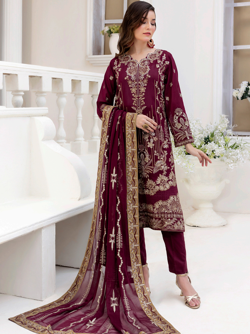 Sobia Mir Royal Maroon Festive Embroidered Suit