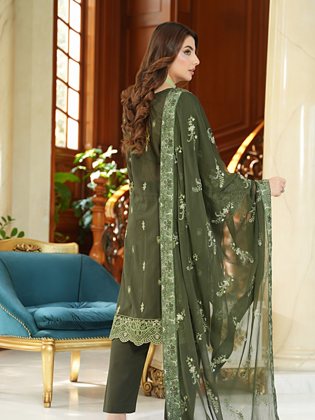 WIJDAN Exclusive Swiss Gold Embroidered Lawn Suit - Olive Green