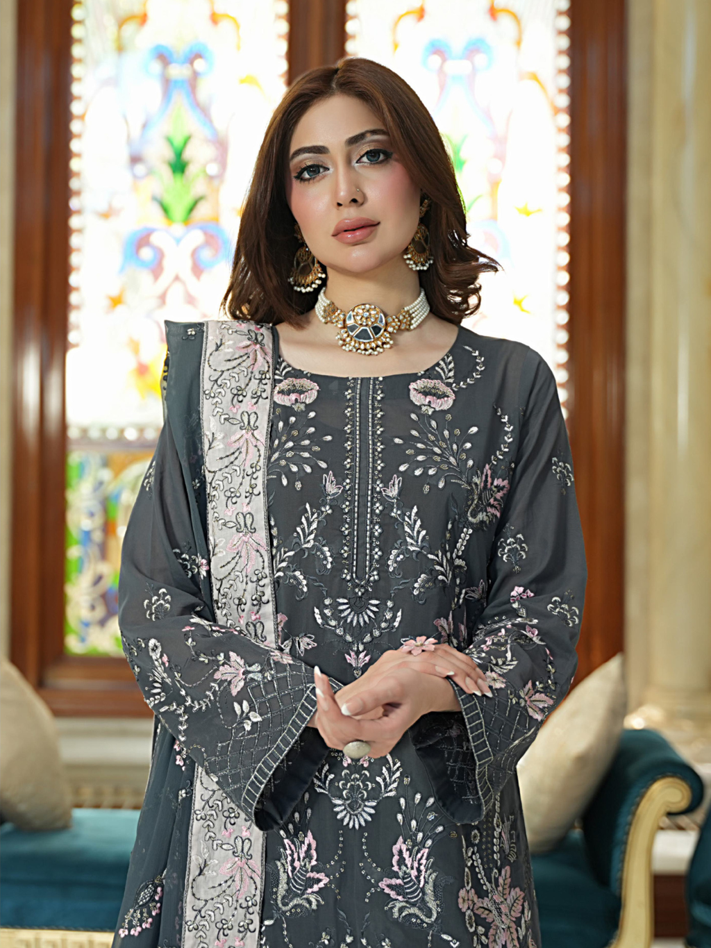 WIJDAN Exclusive Swiss Gold Embroidered Lawn Suit Charcoal Grey