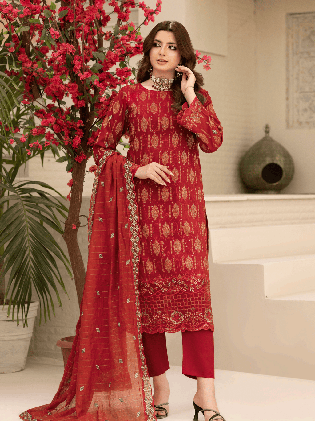 Wijdan Zarqash Gold Crimson Royale Embroidered Lawn Suit