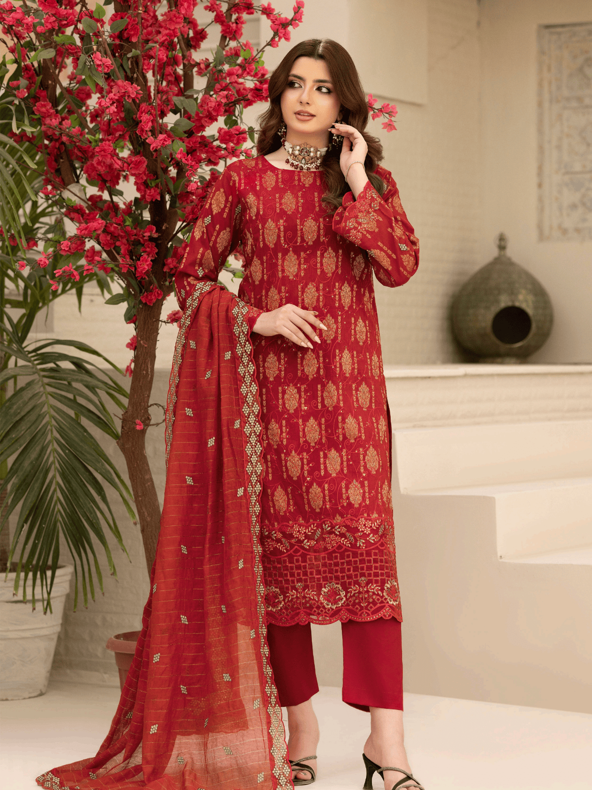 Wijdan Zarqash Gold Crimson Royale Embroidered Lawn Suit
