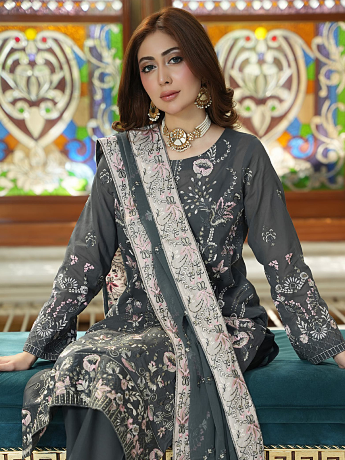 WIJDAN Exclusive Swiss Gold Embroidered Lawn Suit Charcoal Grey