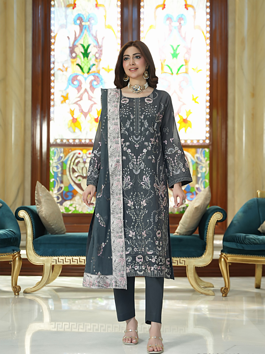WIJDAN Exclusive Swiss Gold Embroidered Lawn Suit Charcoal Grey