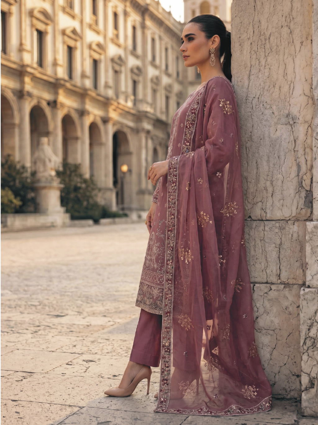 WIJDAN DHAMAK Premium Bana Dora Embroidered Suit – Dusty Rose