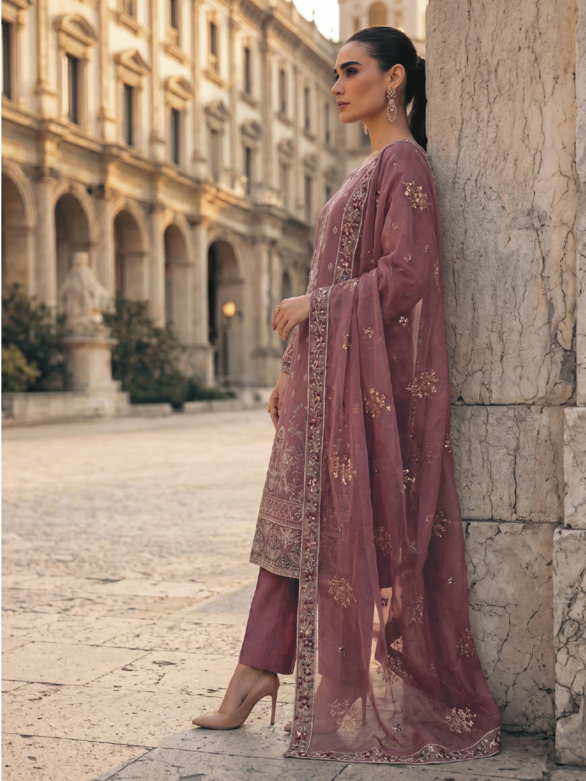 WIJDAN DHAMAK Premium Bana Dora Embroidered Suit – Dusty Rose