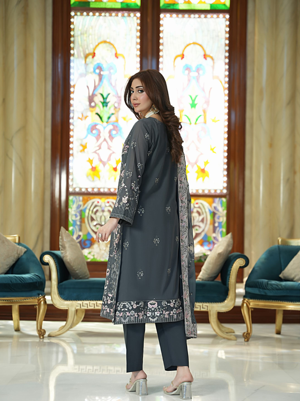 WIJDAN Exclusive Swiss Gold Embroidered Lawn Suit Charcoal Grey
