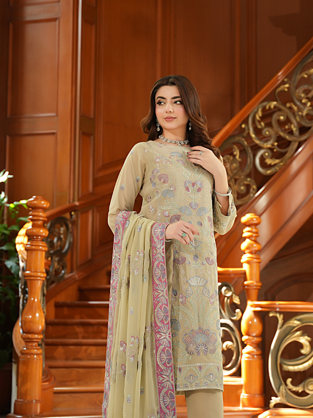 WIJDAN Exclusive Swiss Gold Embroidered Lawn Suit – Beige