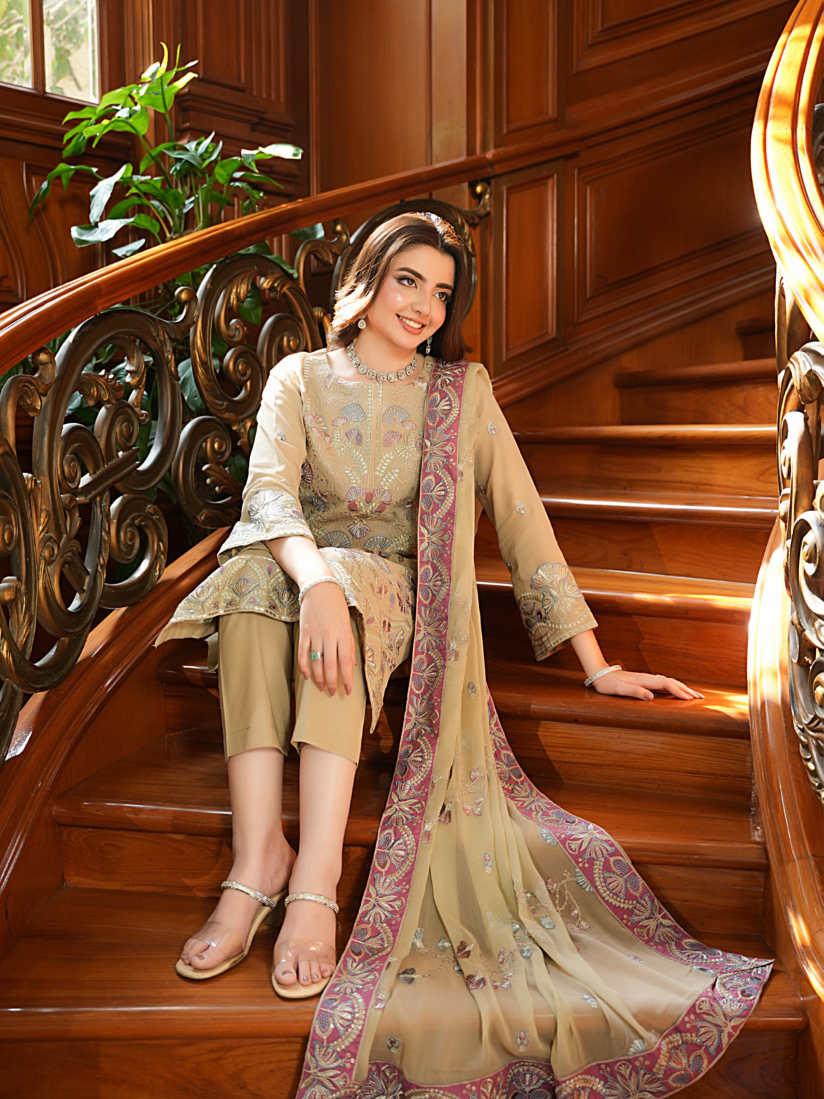 WIJDAN Exclusive Swiss Gold Embroidered Lawn Suit – Beige