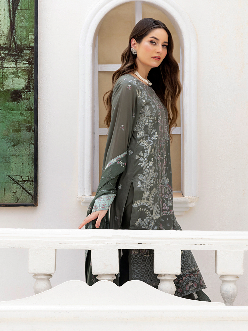 Sobia Mir Emerald Gray Embroidered Suit