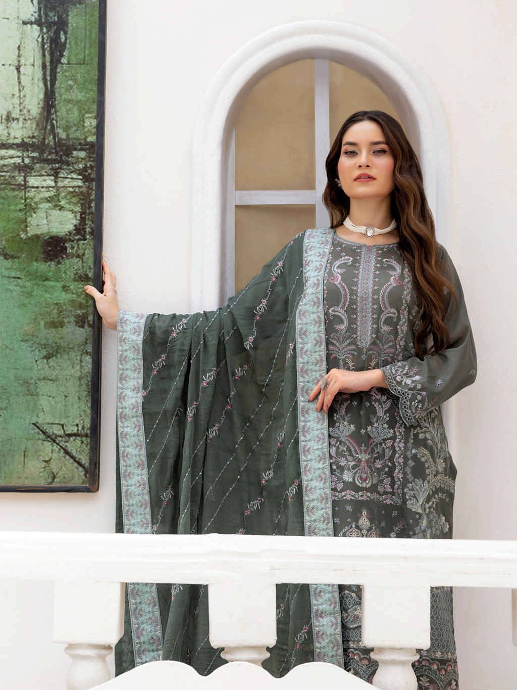 Sobia Mir Emerald Gray Embroidered Suit