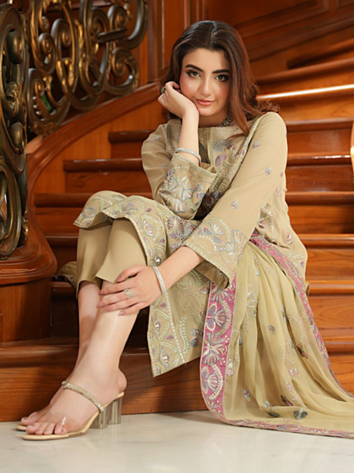 WIJDAN Exclusive Swiss Gold Embroidered Lawn Suit – Beige