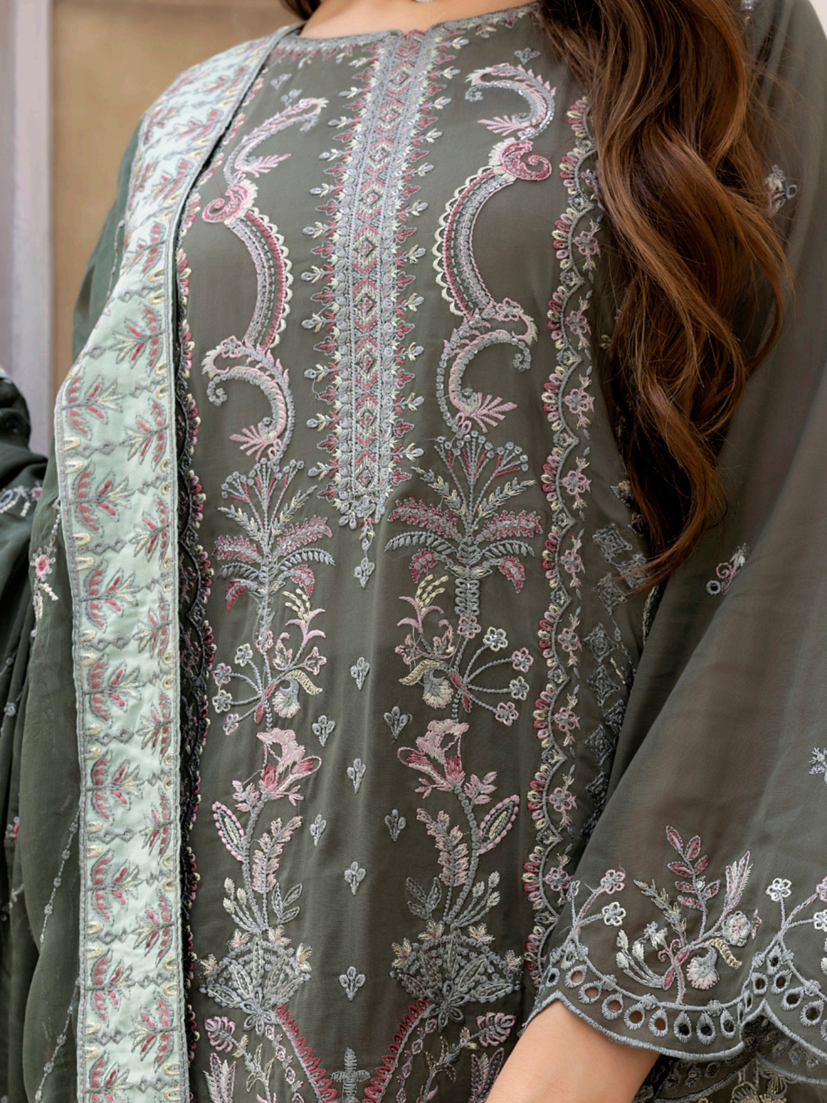 Sobia Mir Emerald Gray Embroidered Suit