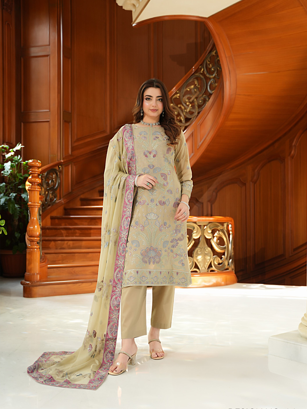 WIJDAN Exclusive Swiss Gold Embroidered Lawn Suit – Beige