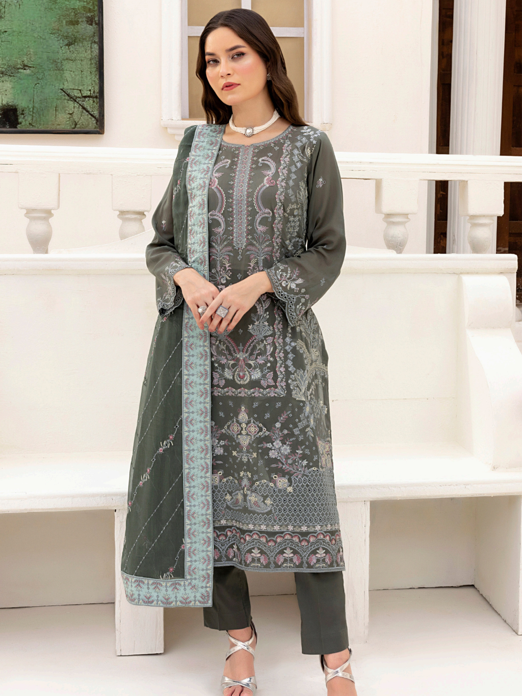 Sobia Mir Emerald Gray Embroidered Suit