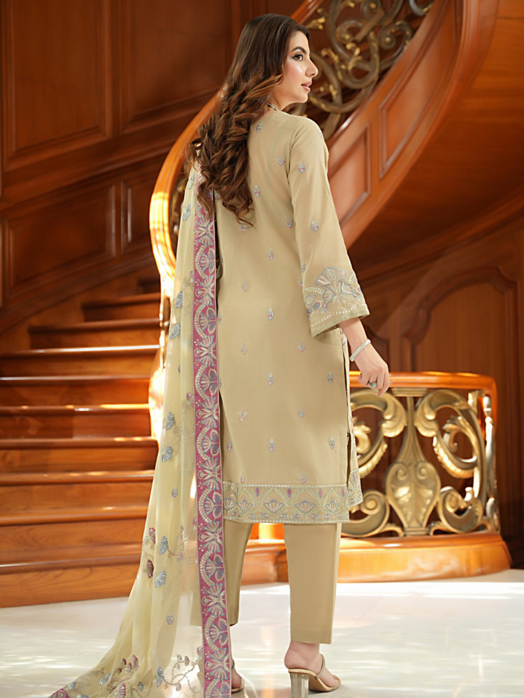 WIJDAN Exclusive Swiss Gold Embroidered Lawn Suit – Beige