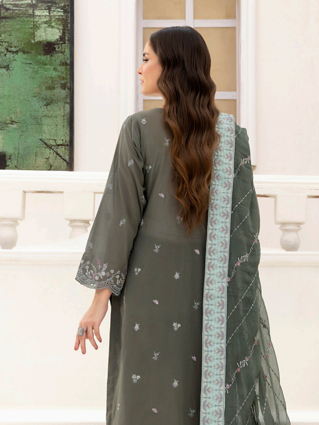Sobia Mir Emerald Gray Embroidered Suit