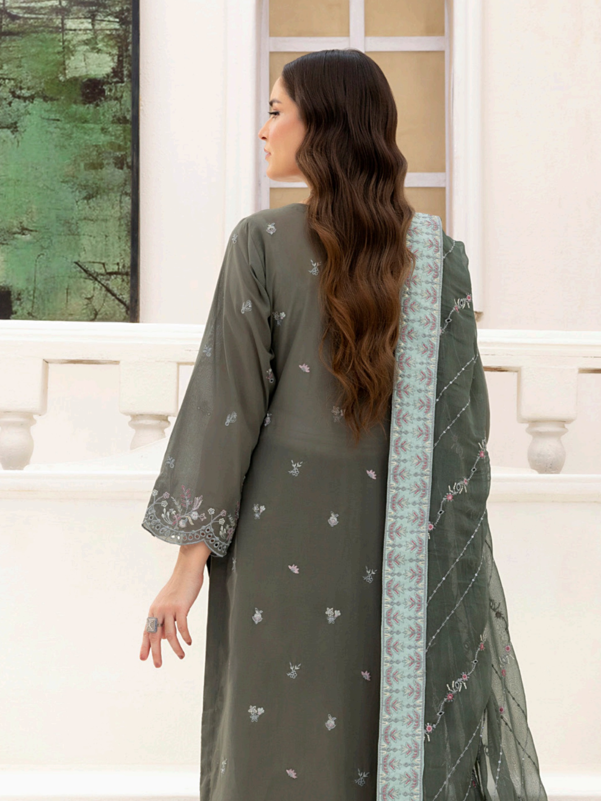 Sobia Mir Emerald Gray Embroidered Suit
