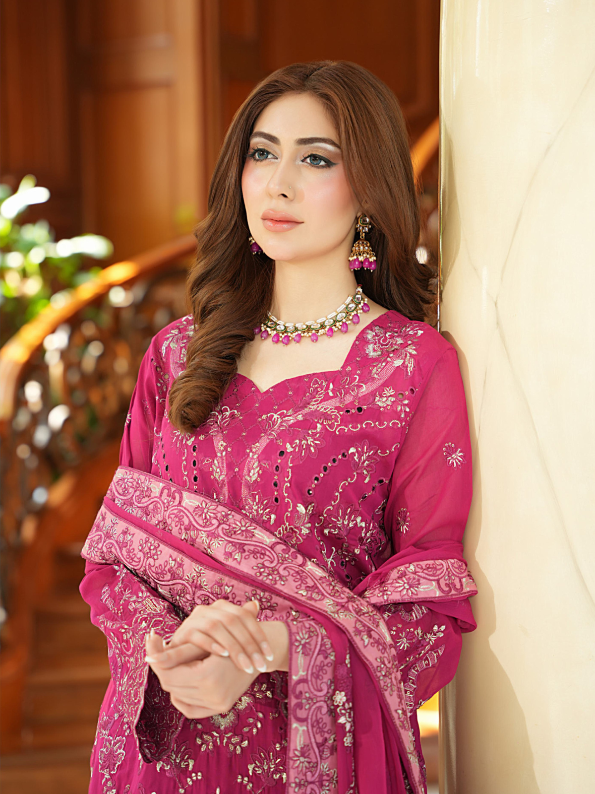 WIJDAN Exclusive Swiss Gold Embroidered Lawn Suit - Pink