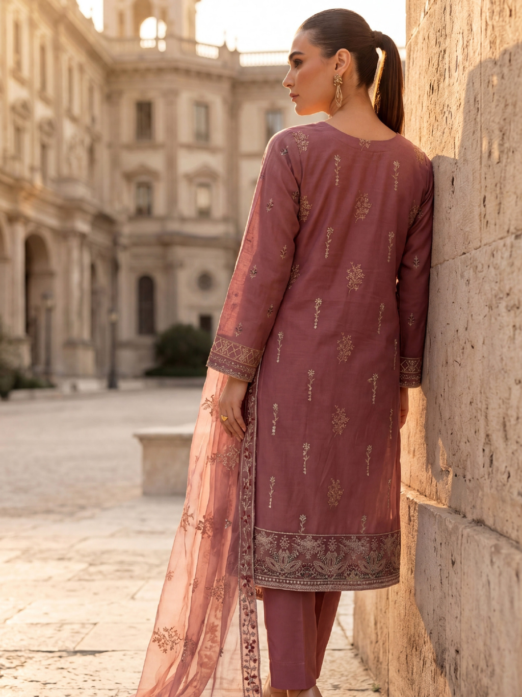 WIJDAN DHAMAK Premium Bana Dora Embroidered Suit – Dusty Rose