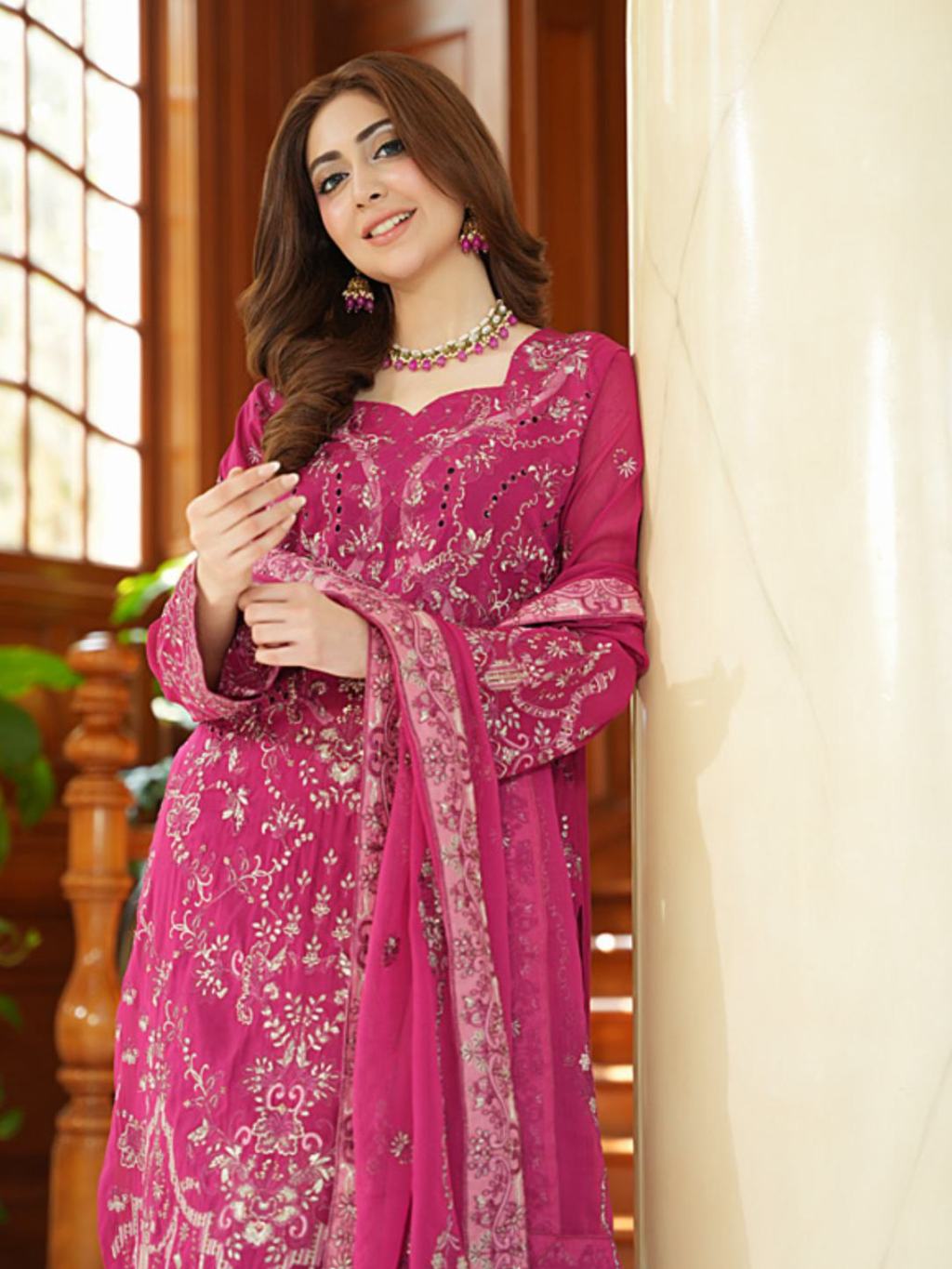 WIJDAN Exclusive Swiss Gold Embroidered Lawn Suit - Pink