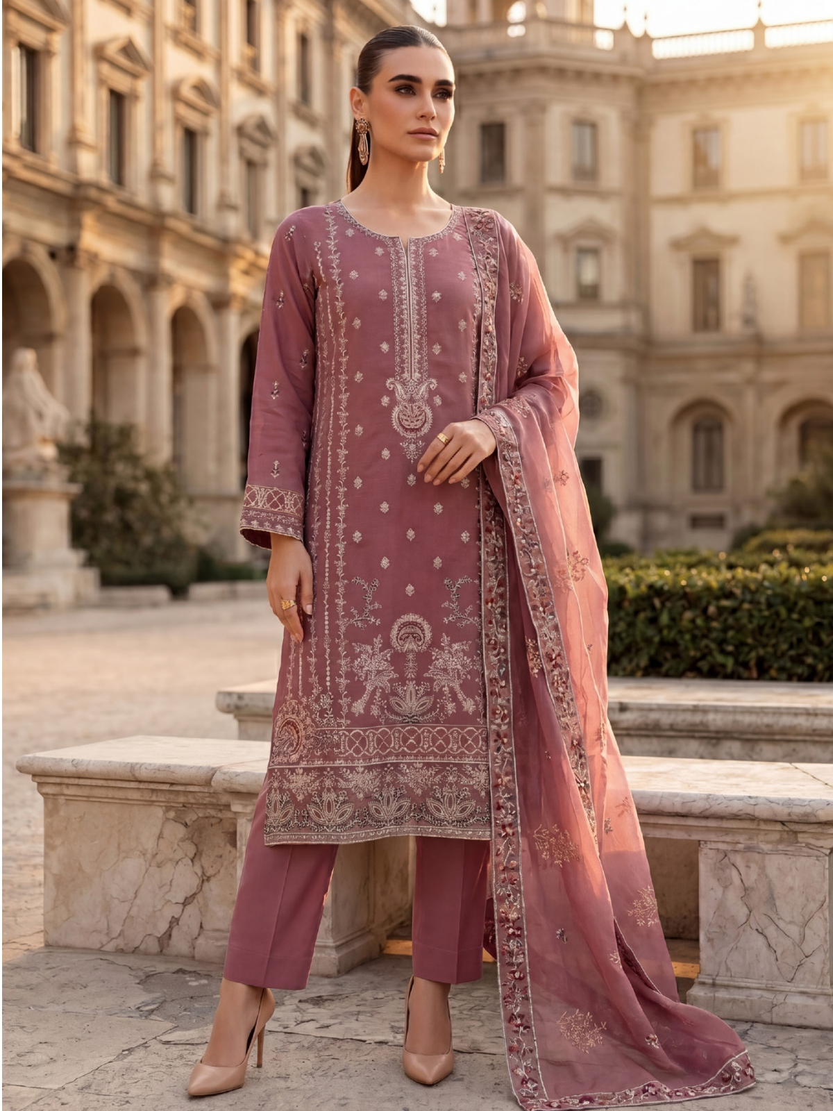 WIJDAN DHAMAK Premium Bana Dora Embroidered Suit – Dusty Rose