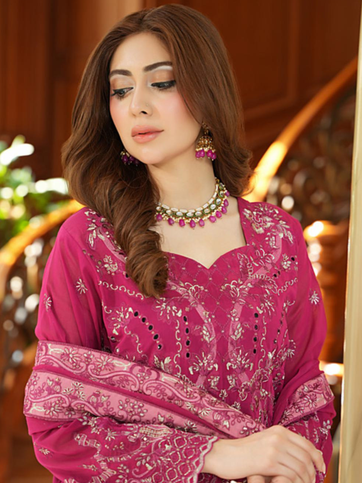 WIJDAN Exclusive Swiss Gold Embroidered Lawn Suit - Pink