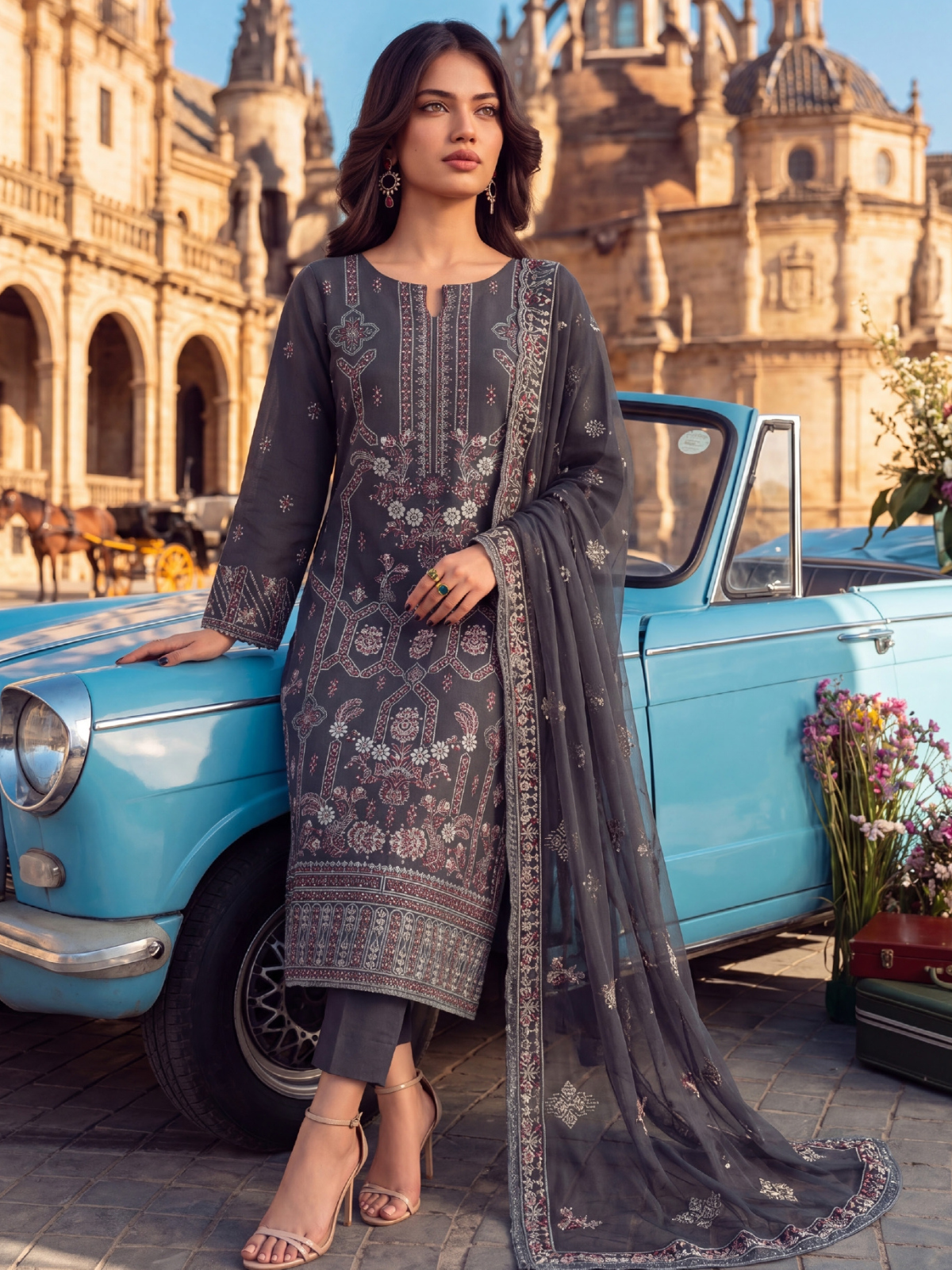 WIJDAN DHAMAK Premium Bana Dora Embroidered Suit – Dark Grey