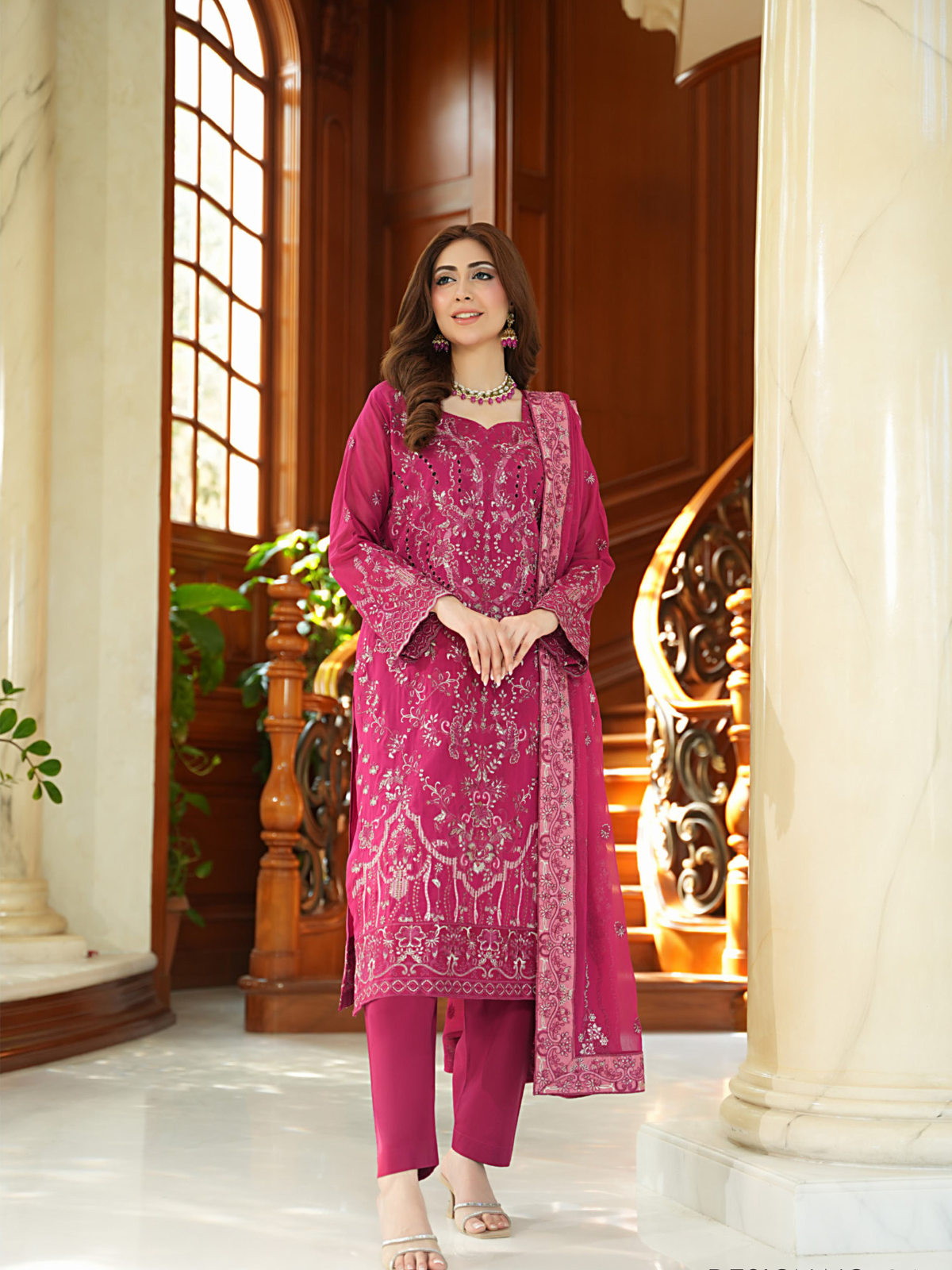 WIJDAN Exclusive Swiss Gold Embroidered Lawn Suit - Pink