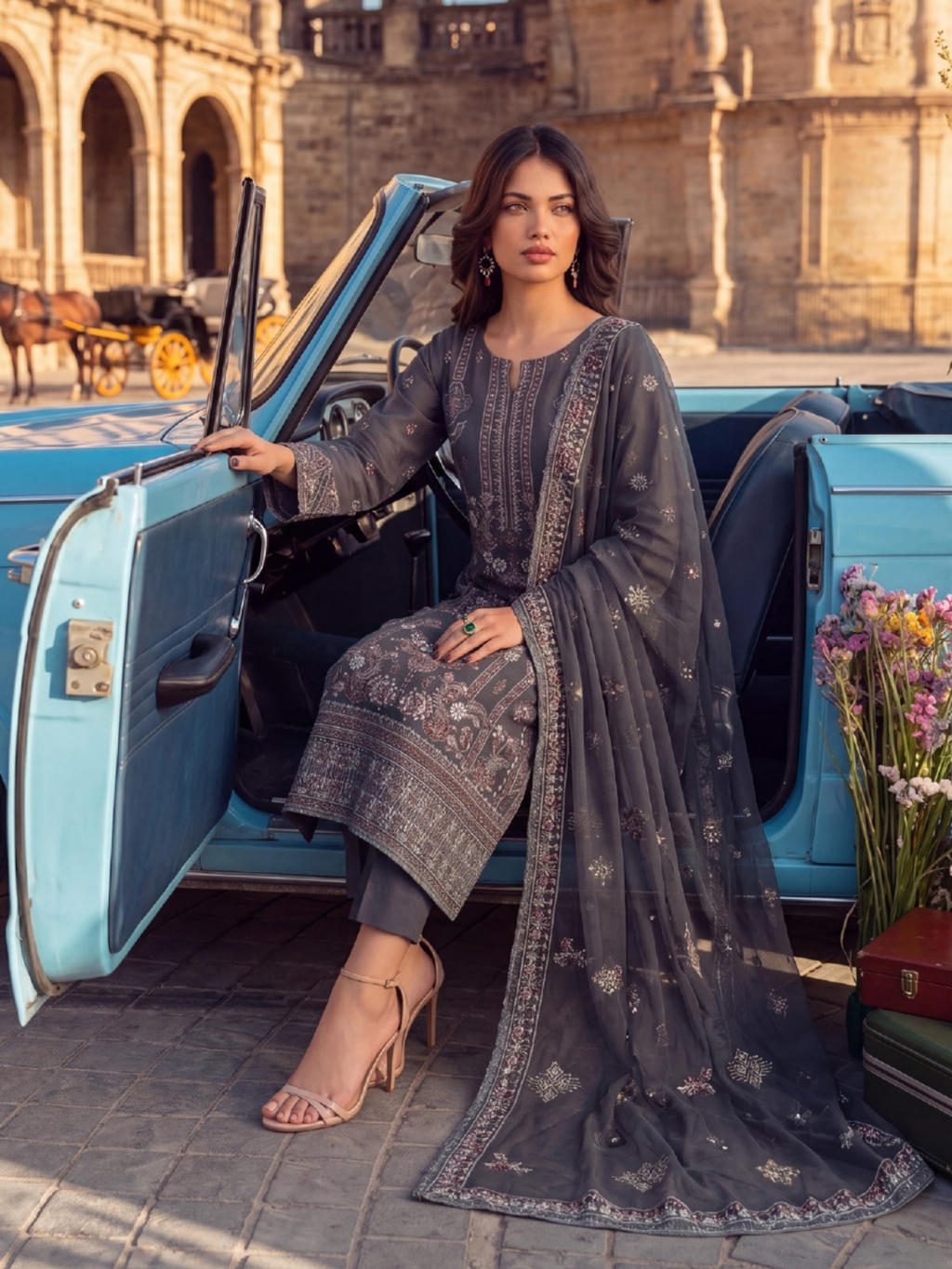 WIJDAN DHAMAK Premium Bana Dora Embroidered Suit – Dark Grey