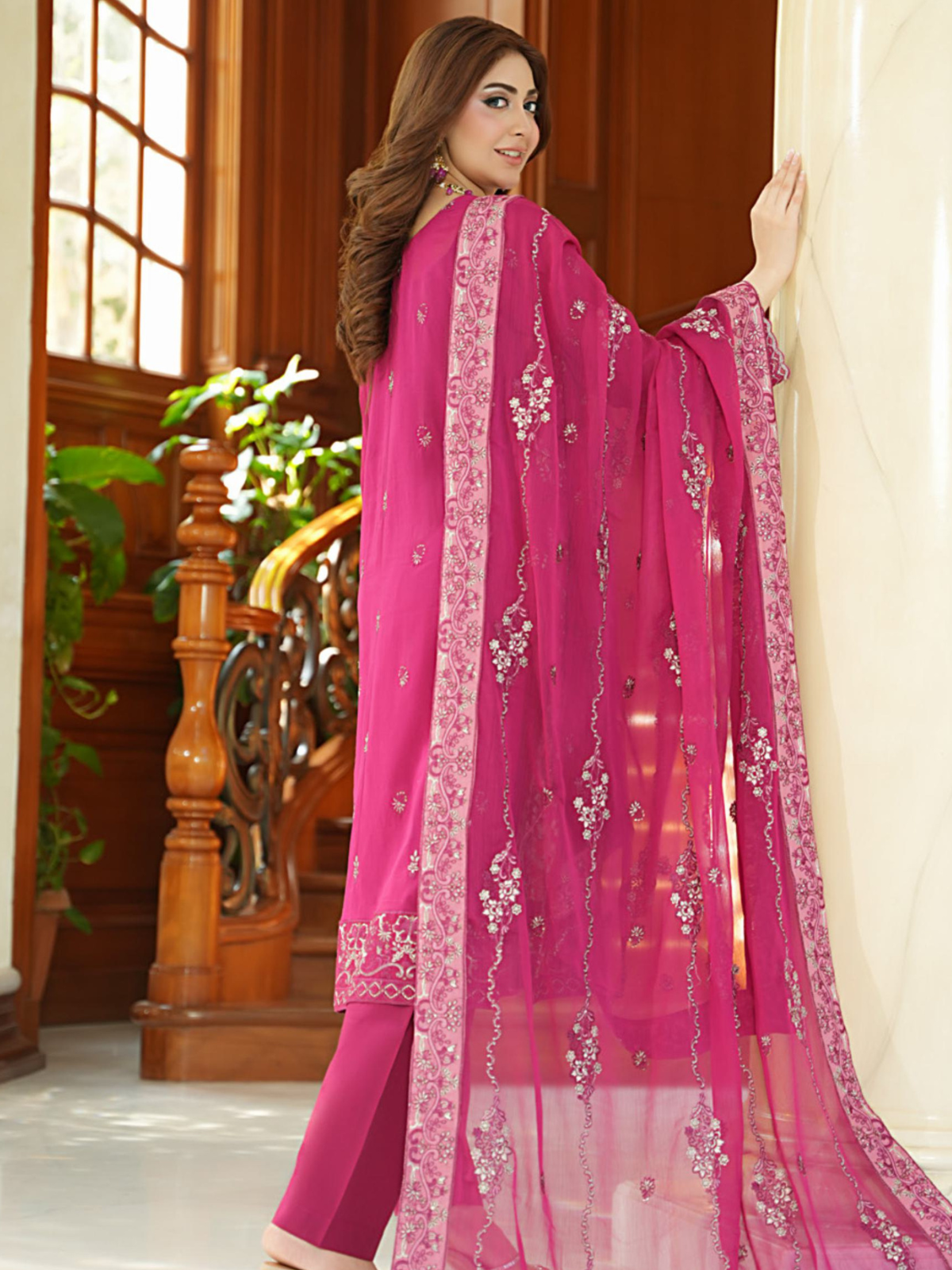 WIJDAN Exclusive Swiss Gold Embroidered Lawn Suit - Pink