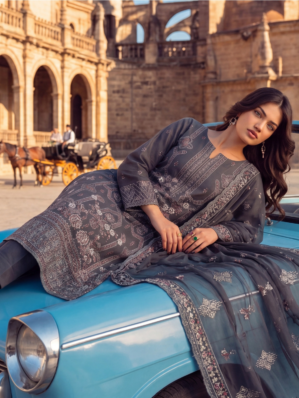 WIJDAN DHAMAK Premium Bana Dora Embroidered Suit – Dark Grey