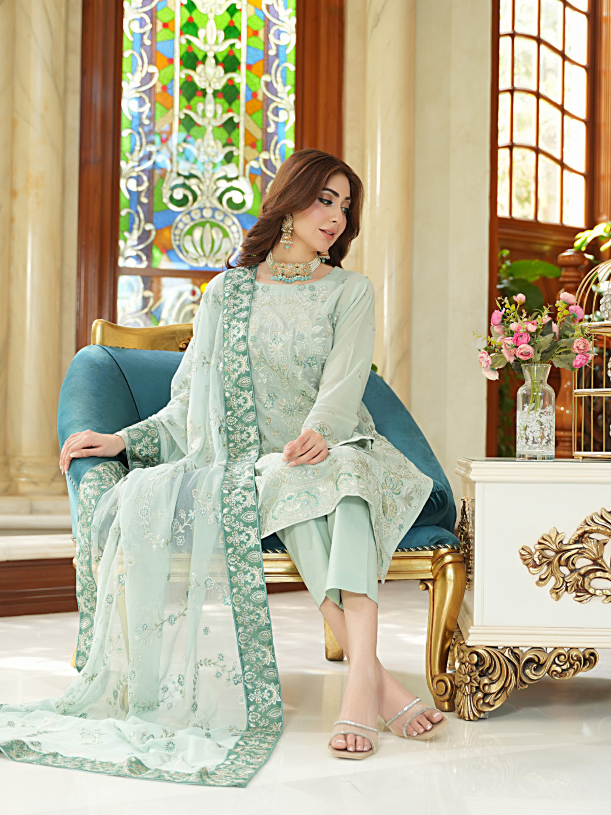 WIJDAN Exclusive Swiss Gold Embroidered Lawn Suit - Mint Green