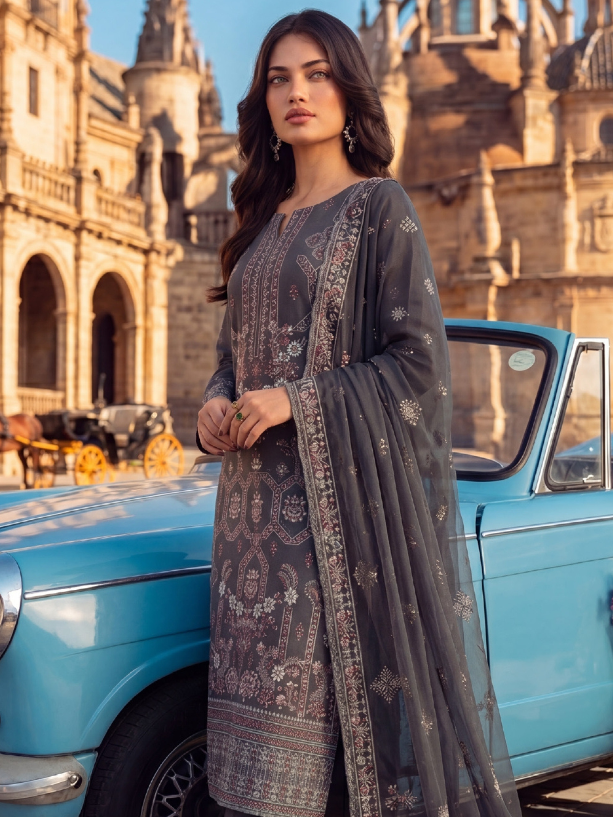 WIJDAN DHAMAK Premium Bana Dora Embroidered Suit – Dark Grey
